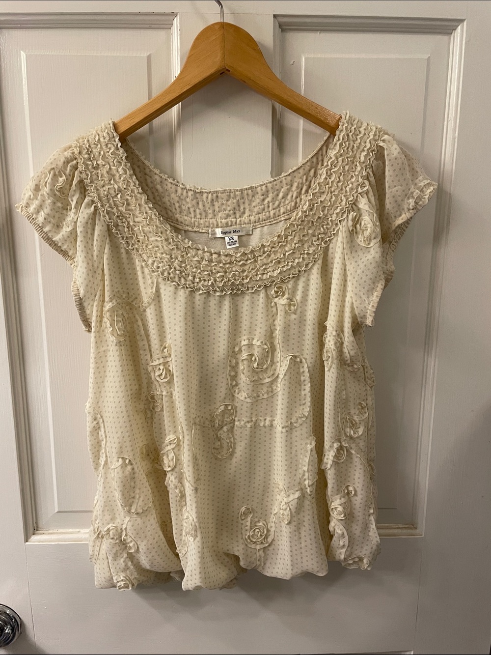 Sophie Max Cream Smocked Scoop-Neck Blouse with Rosette Appliqués